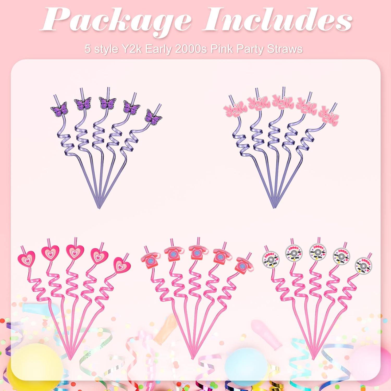 imageZubebe 25 Packs Y2k Early 2000s Pink Crazy Straws for Teens Colorful Y2k Themed Silly Straws Drinking Reusable Party Decoration for Retro 2000s Birthday Wedding Party Supplies