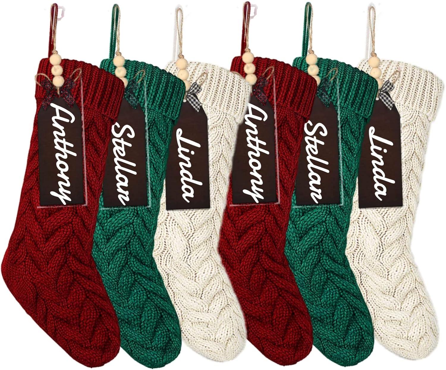 imageZubebe 6 Set Personalized Christmas Stockings 18quot Large Cable Knitted Stocking Xmas Hanging Stocking Decoration with Name TagRed White GreenRed  White  Green