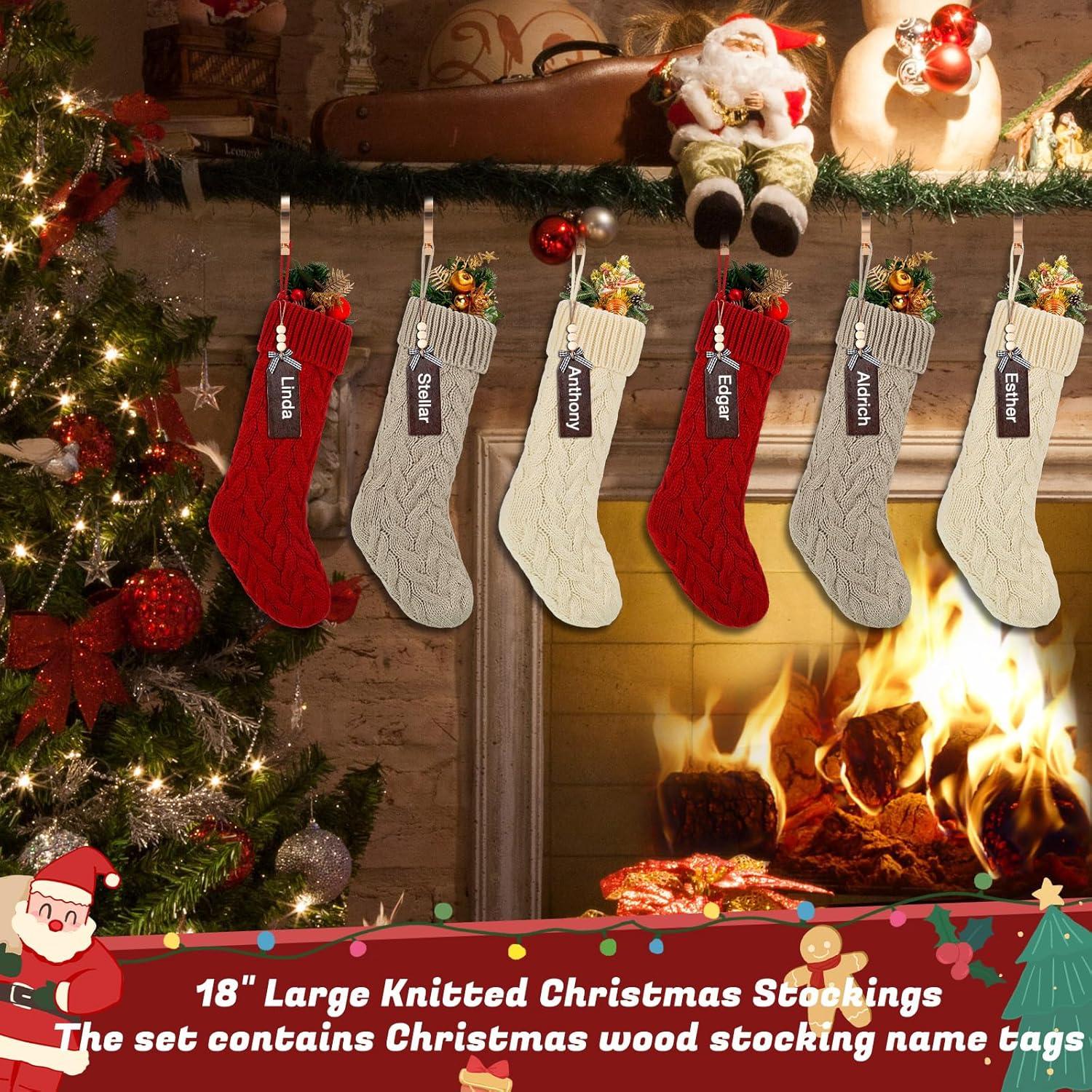imageZubebe 6 Set Personalized Christmas Stockings 18quot Large Cable Knitted Stocking Xmas Hanging Stocking Decoration with Name TagRed White GreenRed  White  Linen