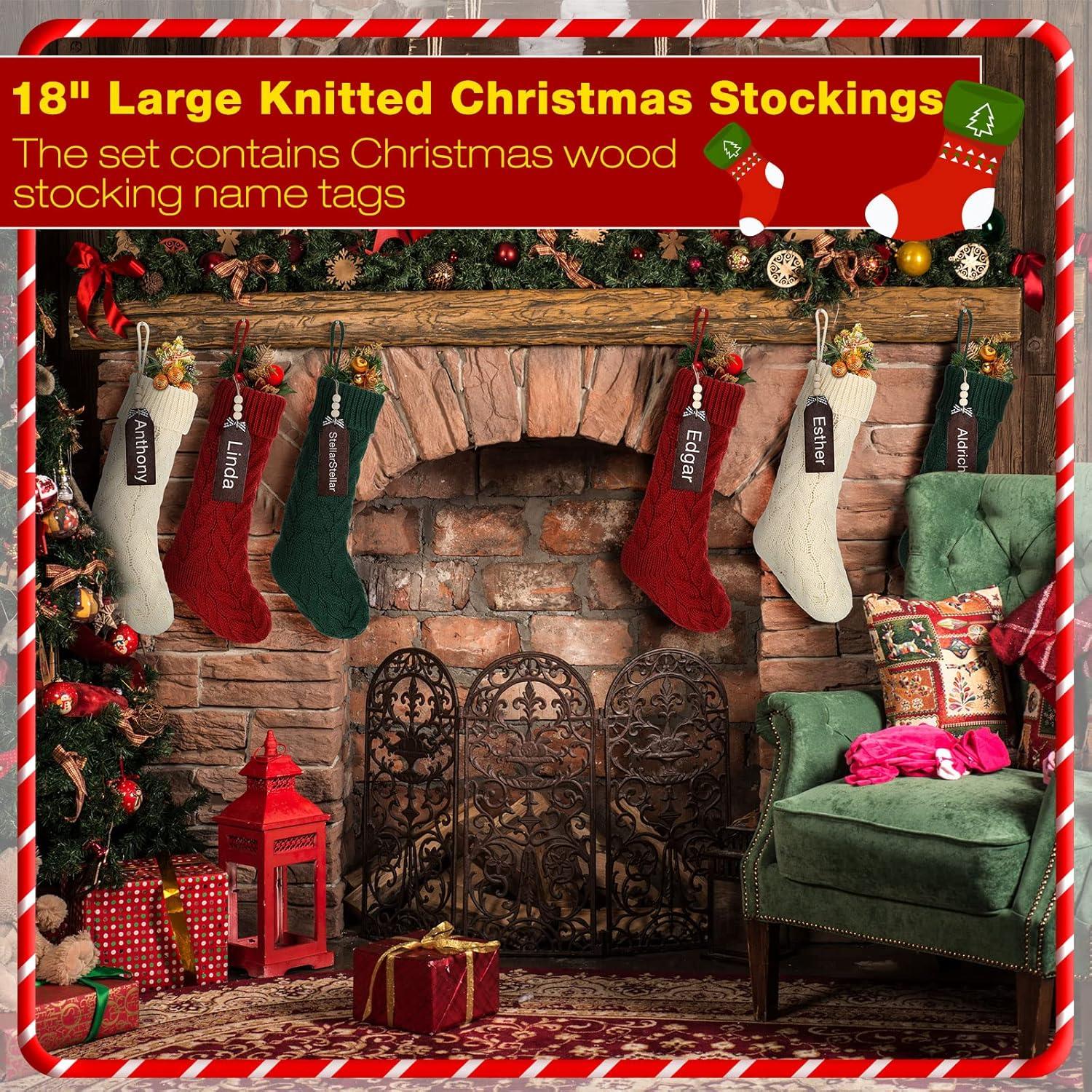 imageZubebe 6 Set Personalized Christmas Stockings 18quot Large Cable Knitted Stocking Xmas Hanging Stocking Decoration with Name TagRed White GreenRed  White  Green