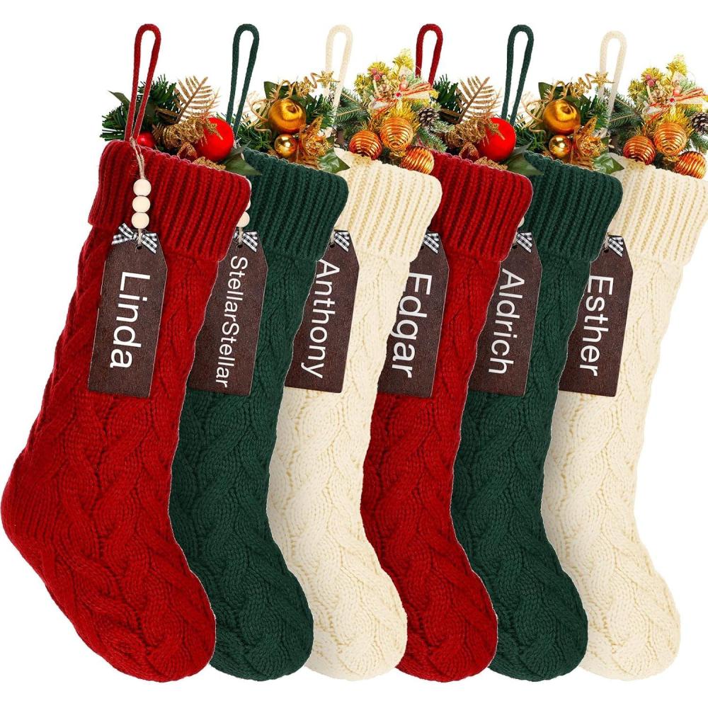 imageZubebe 6 Set Personalized Christmas Stockings 18quot Large Cable Knitted Stocking Xmas Hanging Stocking Decoration with Name TagRed White GreenRed  White  Green