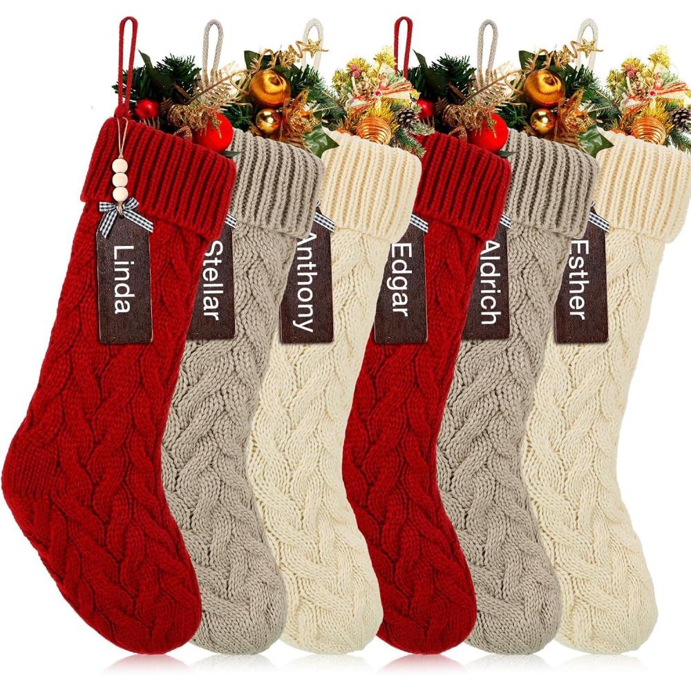 imageZubebe 6 Set Personalized Christmas Stockings 18quot Large Cable Knitted Stocking Xmas Hanging Stocking Decoration with Name TagRed White GreenRed  White  Linen