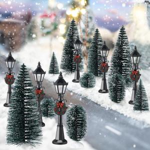 image16 Pieces Christmas Village Accessories Set Frosted Christmas Pine Trees and Mini Street Lamp Post Bottle Brush Trees Miniature Village Trees for DIY Crafts Xmas Winter Holiday Decorations