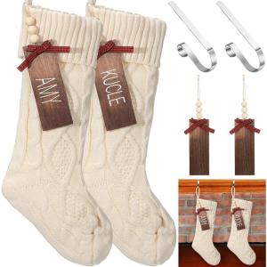 image2 Sets Christmas Stockings Xmas Knitted Stockings Kit 18 inch Large Knit Xmas Stocking Metal Stocking Holder and Name Tags with Marker Pen for Family Holiday Xmas Party Fireplace Mantel Decor RedIvory