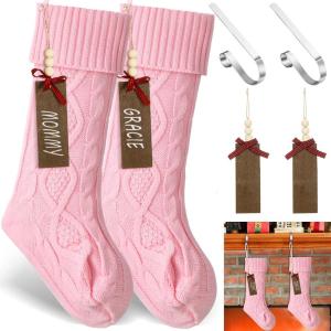 image2 Sets Christmas Stockings Xmas Knitted Stockings Kit 18 inch Large Knit Xmas Stocking Metal Stocking Holder and Name Tags with Marker Pen for Family Holiday Xmas Party Fireplace Mantel Decor RedPink