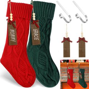 image2 Sets Christmas Stockings Xmas Knitted Stockings Kit 18 inch Large Knit Xmas Stocking Metal Stocking Holder and Name Tags with Marker Pen for Family Holiday Xmas Party Fireplace Mantel Decor RedRed Green