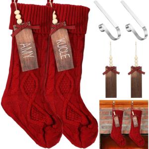 image2 Sets Christmas Stockings Xmas Knitted Stockings Kit 18 inch Large Knit Xmas Stocking Metal Stocking Holder and Name Tags with Marker Pen for Family Holiday Xmas Party Fireplace Mantel Decor RedRed