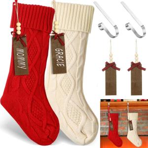image2 Sets Christmas Stockings Xmas Knitted Stockings Kit 18 inch Large Knit Xmas Stocking Metal Stocking Holder and Name Tags with Marker Pen for Family Holiday Xmas Party Fireplace Mantel Decor RedWhite Red