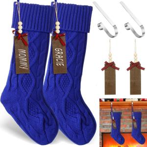image2 Sets Christmas Stockings Xmas Knitted Stockings Kit 18 inch Large Knit Xmas Stocking Metal Stocking Holder and Name Tags with Marker Pen for Family Holiday Xmas Party Fireplace Mantel Decor RedBlue