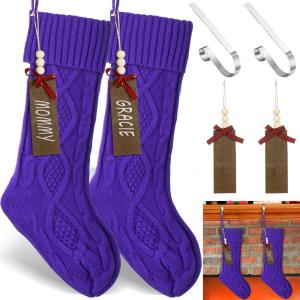 image2 Sets Christmas Stockings Xmas Knitted Stockings Kit 18 inch Large Knit Xmas Stocking Metal Stocking Holder and Name Tags with Marker Pen for Family Holiday Xmas Party Fireplace Mantel Decor RedPurple