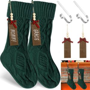 image2 Sets Christmas Stockings Xmas Knitted Stockings Kit 18 inch Large Knit Xmas Stocking Metal Stocking Holder and Name Tags with Marker Pen for Family Holiday Xmas Party Fireplace Mantel Decor RedGreen