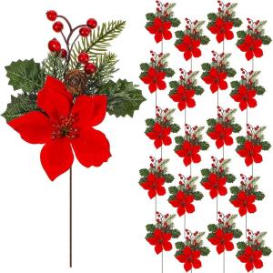 image20 Pcs 11 Inch Christmas Floral Picks Artificial Poinsettia Flowers Faux Red Berries Pine Stem Holly Leaves for Christmas Tree Decoration Holiday DIY Picks Party Supplies