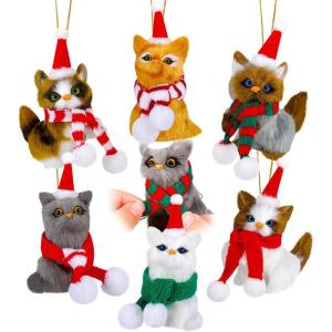 image6 Sets Christmas Tree Ornaments Mini Fur Ornament with Scarfs and Santa Hats Xmas Tree Artificial Fur Hanging Decorations Furry Pet Ornaments for Christmas Tree and Holiday Decor Stylish Cat