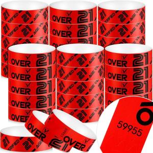image600 Pack Over 21 Age Verified Wristbands for Events with Security Number Waterproof Neon Verified Wristband for Bar KTV Casino Bachelorette Party Concert Occasion Entrance White GoldRed