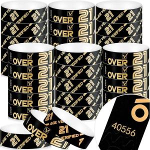 image600 Pack Over 21 Age Verified Wristbands for Events with Security Number Waterproof Neon Verified Wristband for Bar KTV Casino Bachelorette Party Concert Occasion Entrance White GoldBlack  Gold