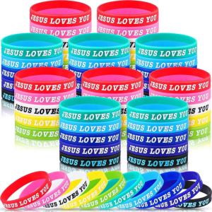 imageZubebe 100 Pcs Jesus Loves You Silicone Wristbands Rubber Bracelets Colorful Jesus Loves You Bracelet Christian Rubber Wristbands Inspirational for Teens Adult Women Men Party NoveltyMixed ColorsMixed Colors