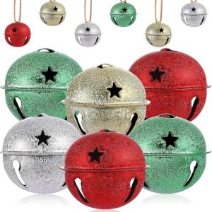imageZubebe 12 Pcs Christmas Bells Jingle Bells Large 25 Inch Star Cutout Ornament for Crafts Christmas Tree Decor Gift Wrapping Matte RedGreenGoldSilverGlitter Red  Green  Gold  Silver