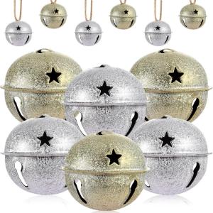 imageZubebe 12 Pcs Christmas Bells Jingle Bells Large 25 Inch Star Cutout Ornament for Crafts Christmas Tree Decor Gift Wrapping Matte RedGreenGoldSilverGlitter Gold  Silver