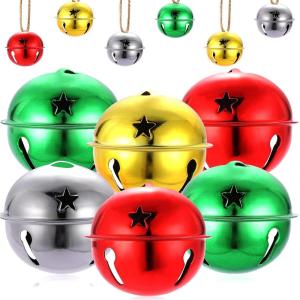 imageZubebe 12 Pcs Christmas Bells Jingle Bells Large 25 Inch Star Cutout Ornament for Crafts Christmas Tree Decor Gift Wrapping Matte RedGreenGoldSilverGlossy Red  Green  Gold  Silver