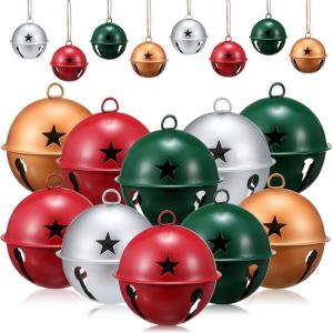 imageZubebe 12 Pcs Christmas Bells Jingle Bells Large 25 Inch Star Cutout Ornament for Crafts Christmas Tree Decor Gift Wrapping Matte RedGreenGoldSilverMatte Red  Green  Gold  Silver