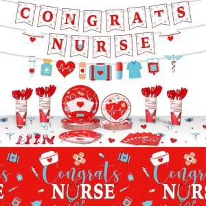 imageZubebe 173 Pcs Nurse Graduation Party Supplies 2025 Serve 24 Guests Congrats Nurse Banner Dinner Dessert Plates Cups Napkins Tablecloth Medical Birthday Party Tableware Set for Rn Doctor Graduation