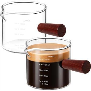 imageZubebe 2 Pack 150 Ml 5 oz Double Spouts Espresso Shot Glasses with Wood Handle Measuring Triple Pitcher Milk Cup Clear Espresso Measuring Cup Glass for Barista Coffee Measure