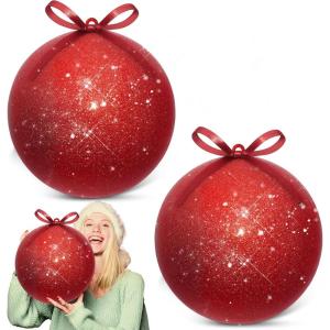 imageZubebe 2 Pcs 8quot Extra Large Size Christmas Hanging Ball Ornaments Oversized Huge Big Xmas Christmas Plastic Balls for Outside Lawn Yard Tree Hanging DecorationsGlitter BlackGlitter Red