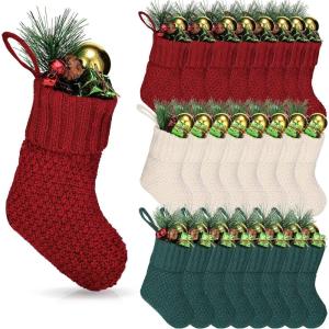 imageZubebe 24 Pcs 7 Inch Knit Christmas Stockings Christmas Mini Stockings Rustic Stocking Decorations Knit Farmhouse Cable Knit Xmas Stocking Hanging Christmas Tree Ornament IvoryBurgundy Ivory Green