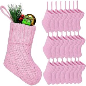 imageZubebe 24 Pcs 7 Inch Knit Christmas Stockings Christmas Mini Stockings Rustic Stocking Decorations Knit Farmhouse Cable Knit Xmas Stocking Hanging Christmas Tree Ornament IvoryPink