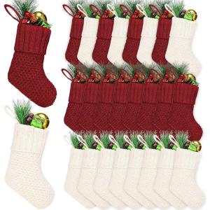 imageZubebe 24 Pcs 7 Inch Knit Christmas Stockings Christmas Mini Stockings Rustic Stocking Decorations Knit Farmhouse Cable Knit Xmas Stocking Hanging Christmas Tree Ornament IvoryBurgundy Ivory