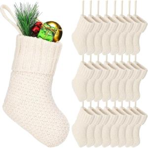 imageZubebe 24 Pcs 7 Inch Knit Christmas Stockings Christmas Mini Stockings Rustic Stocking Decorations Knit Farmhouse Cable Knit Xmas Stocking Hanging Christmas Tree Ornament IvoryIvory