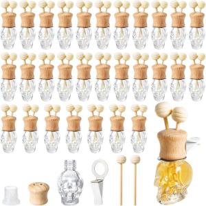 imageZubebe 30 Pack Car Air Freshener Diffuser with Vent Clip Empty Car Diffuser Bottles for Essential Oil Perfume Glass Bottle with Wooden Caps StickSquareSkull
