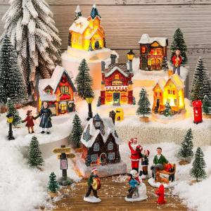 imageZubebe 30 Pcs Christmas Village Houses Sets LED Holiday Village Figurines Collection Buildings Christmas Scene Desktop Ornaments Xmas Indoor Room Classic StyleCute Style