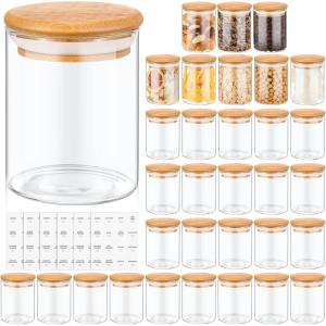imageZubebe 32 Pieces 7 oz Glass Spice Jars with Bamboo Lids and Labels Large Clear Spice Containers with 660 Spice Labels Airtight Canisters Sets for Kitchen Seasoning Jars Storage Herbal Teas Coffee