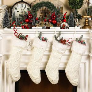 imageZubebe 4 Pieces Cable Knitted Christmas Stocking Bulk 15 Inch Farmhouse Knit Christmas Stockings Black and White Christmas Decoartion Knit Stockings with Plush Faux Fur for Family Holiday Fireplace