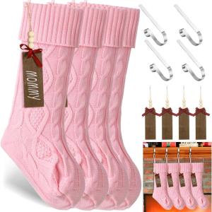 imageZubebe 4 Sets 18 in Knitted Christmas Stockings Kit Metal Stocking Holder and Name Tags Large Knit Xmas Stocking with Marker Pen for Family Holiday Xmas Party Fireplace Mantel Decor RedPink