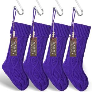 imageZubebe 4 Sets 18 in Knitted Christmas Stockings Kit Metal Stocking Holder and Name Tags Large Knit Xmas Stocking with Marker Pen for Family Holiday Xmas Party Fireplace Mantel Decor RedViolet