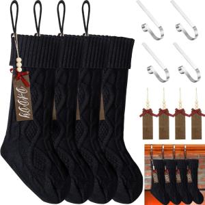 imageZubebe 4 Sets 18 in Knitted Christmas Stockings Kit Metal Stocking Holder and Name Tags Large Knit Xmas Stocking with Marker Pen for Family Holiday Xmas Party Fireplace Mantel Decor RedBlack