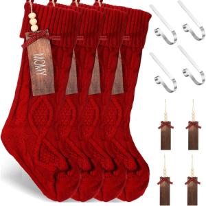 imageZubebe 4 Sets 18 in Knitted Christmas Stockings Kit Metal Stocking Holder and Name Tags Large Knit Xmas Stocking with Marker Pen for Family Holiday Xmas Party Fireplace Mantel Decor RedRed