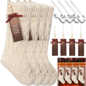 imageZubebe 4 Sets 18 in Knitted Christmas Stockings Kit Metal Stocking Holder and Name Tags Large Knit Xmas Stocking with Marker Pen for Family Holiday Xmas Party Fireplace Mantel Decor RedIvory