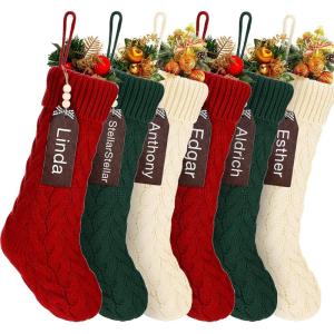 imageZubebe 6 Set Personalized Christmas Stockings 18quot Large Cable Knitted Stocking Xmas Hanging Stocking Decoration with Name TagRed White GreenRed  White  Green