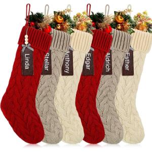 imageZubebe 6 Set Personalized Christmas Stockings 18quot Large Cable Knitted Stocking Xmas Hanging Stocking Decoration with Name TagRed White GreenRed  White  Linen