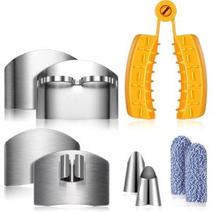 imageZubebe 9 Pcs Finger Guard for Cutting Vegetables Stainless Steel Knife Cutting Protector Finger Cots Thumb Guard Shield Hand Protector for Christmas Vegetables Food Slicer Kitchen ToolWhiteYellow