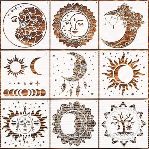 imageZubebe 9 Pieces Mandala Sun and Moon Wall Stencil 11 x 11 Inches Moon Sun Flower Mandala Tile Stencils Reusable Painting Templates with Metal Open Ring for DIY Scrapbooks Wood Home Painting