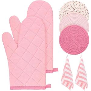 imageZubebe Oven Mitts and Pot Holders with Kitchen Towels Set of 7 Valentine Gift for Women Heat Resistant Oven Gloves Hot Pads Kitchen Hand Towels for Cooking BakingPink