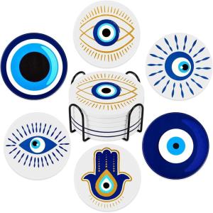 imageZubebe Set of 6 Ceramic Evil Eye Coasters with Holder Evil Eye Blue Coasters for Drinks Round Absorbent Cup Mat with Cork Base for Home Table Decor Desk Kitchen Accessories 4 Inch
