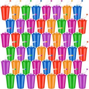 imageZubebe 48 Pcs Neon Straws Cups 12 oz Colorful Neon Cups with Sipper and Lids Plastic Favor Reusable Straw for Birthday Party Events Supplies 6 Colors48