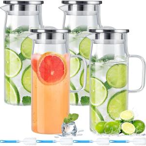 image4 Pieces 50 Oz 1500 ml Glass Pitcher with Lid and Handle Water Pitcher Borosilicate Glass Carafe Glass Jug Orange Juice Container with Brush for Iced Beverage Ice Tea Hot Cold Coffee Fridge Kitchen